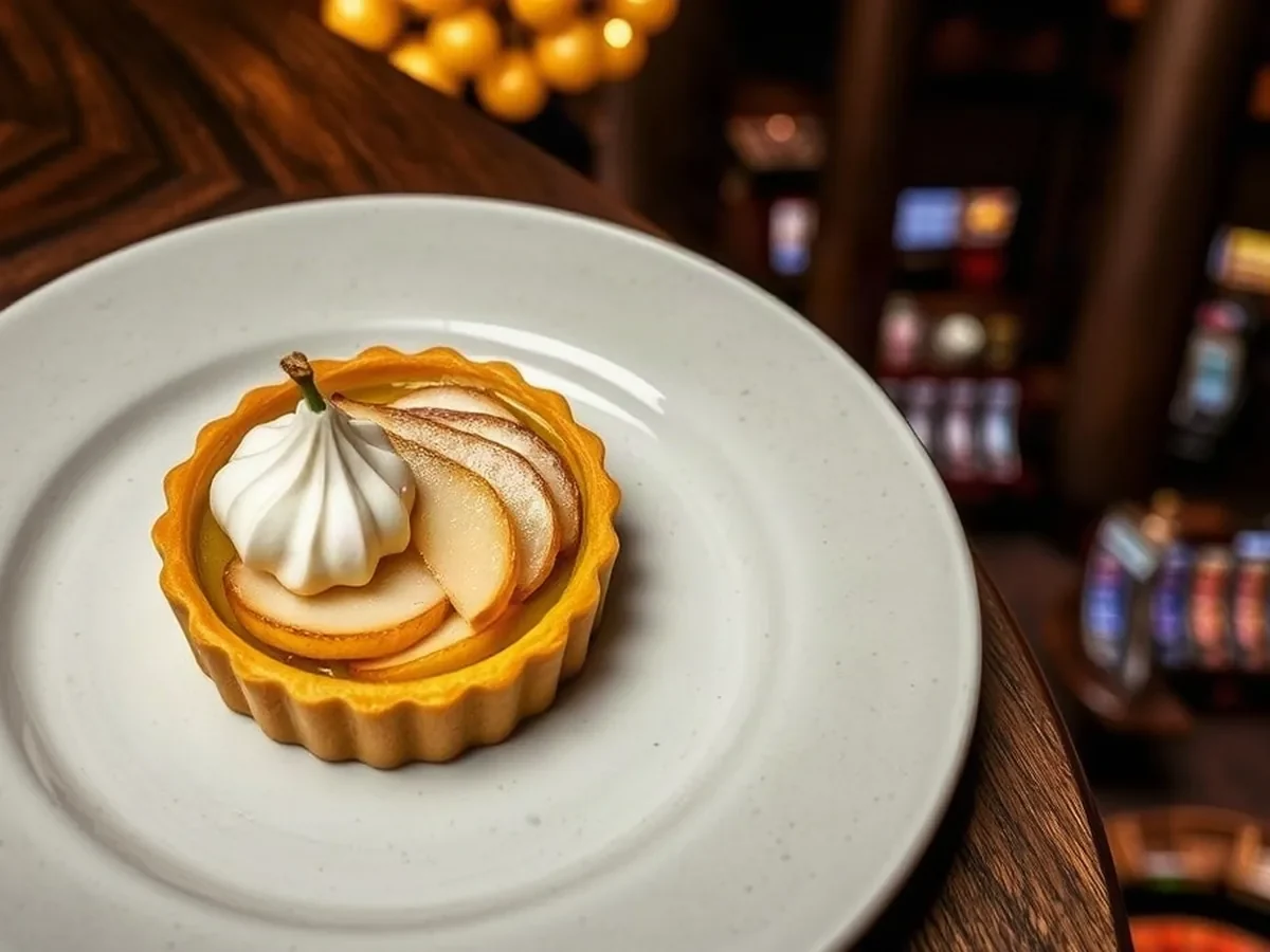Pear and almond tart with softly whipped cream, warmly lit on pale stoneware and smoked oak.