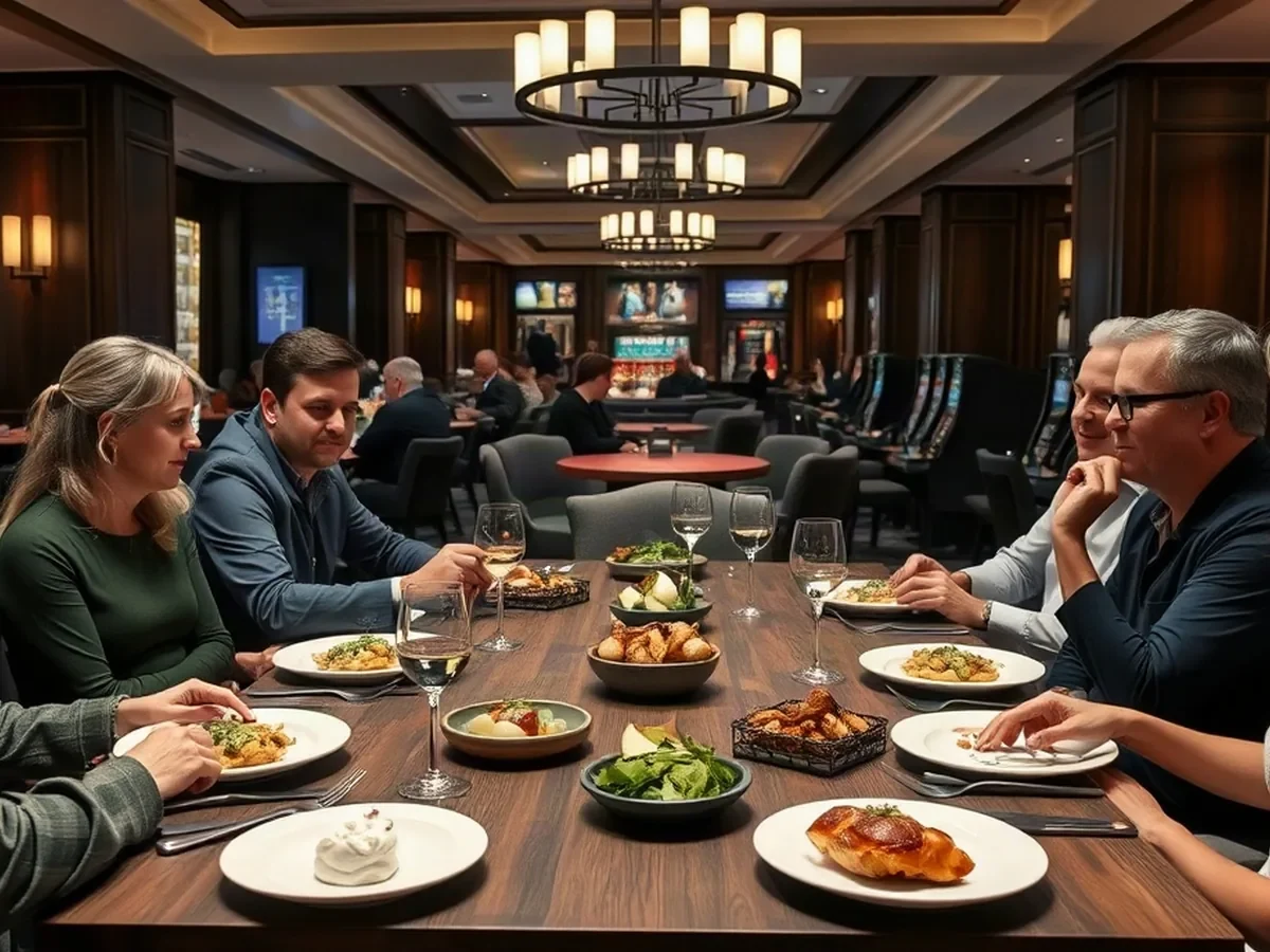 Adults share a meal at a smoked-oak table beneath warm shaded lights in a pale stone dining room.