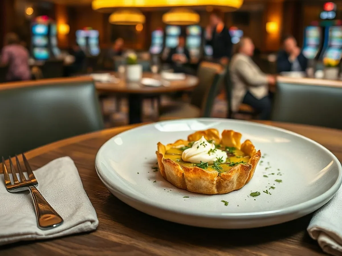 A golden leek tartlet with mustard crème fraîche and garden herbs on pale stoneware in warm light.