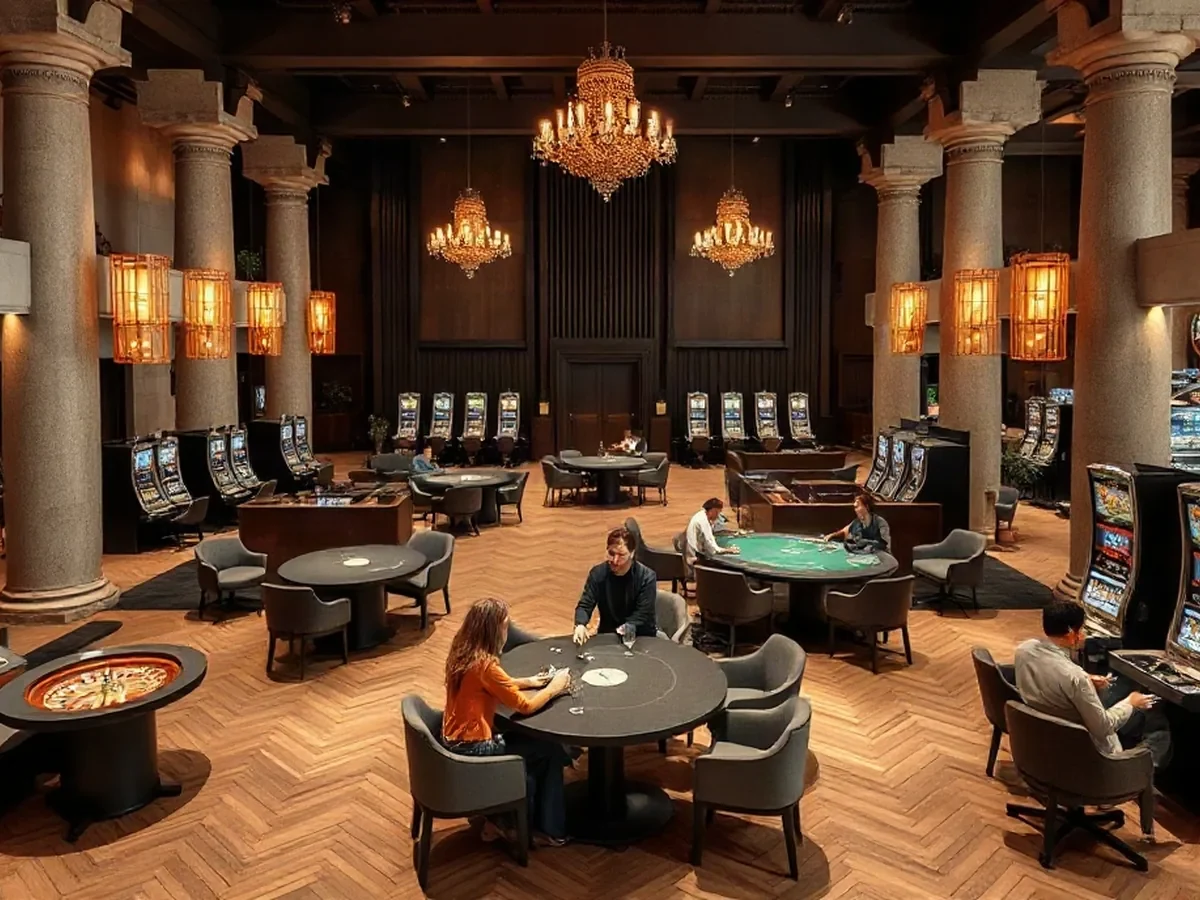 Gaming tables and slot-machine banks sit across a spacious floor beneath warm lights and dark timber details.