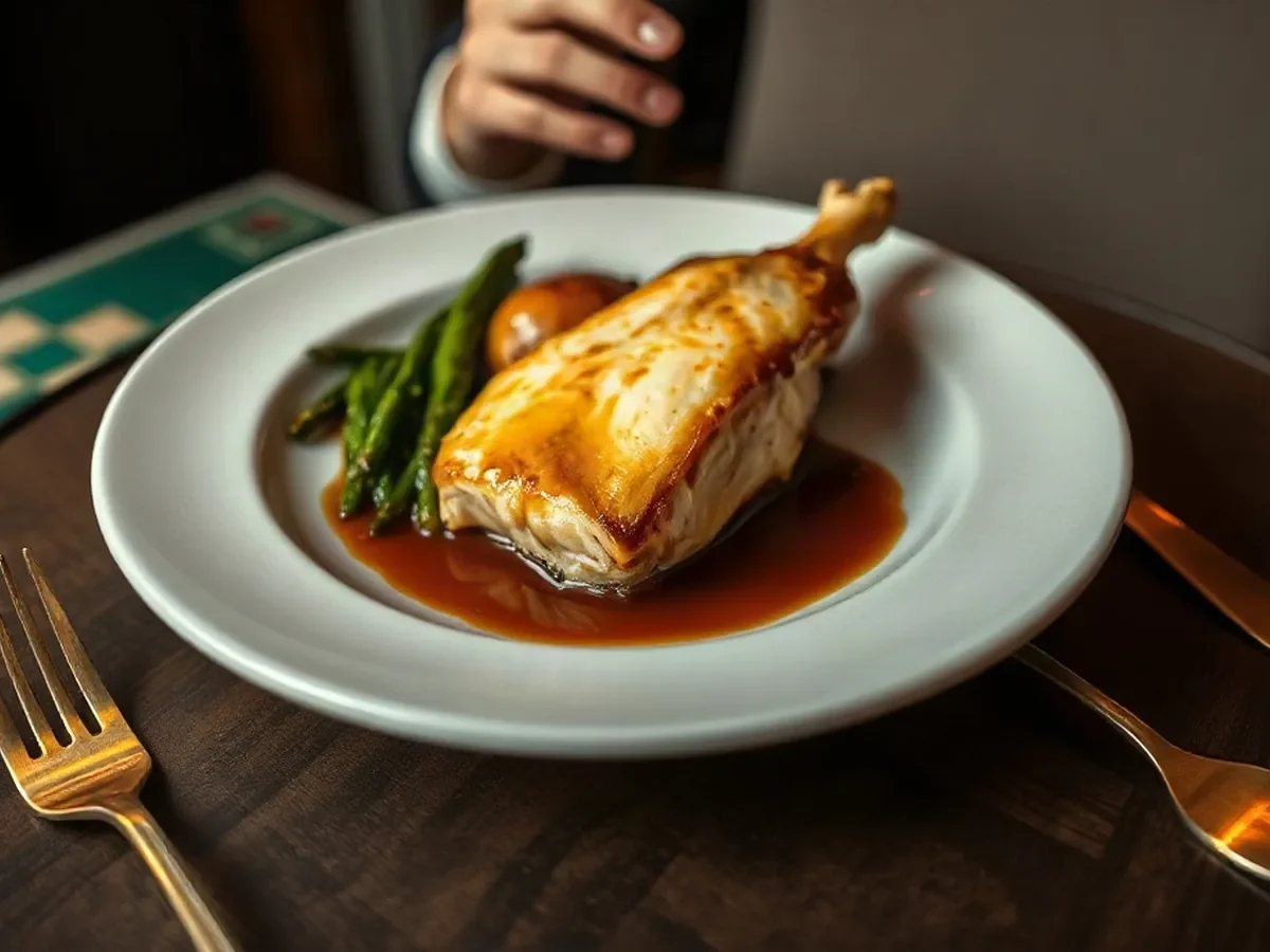 Roast chicken with tarragon jus, buttered greens and golden pommes fondantes on pale stoneware.