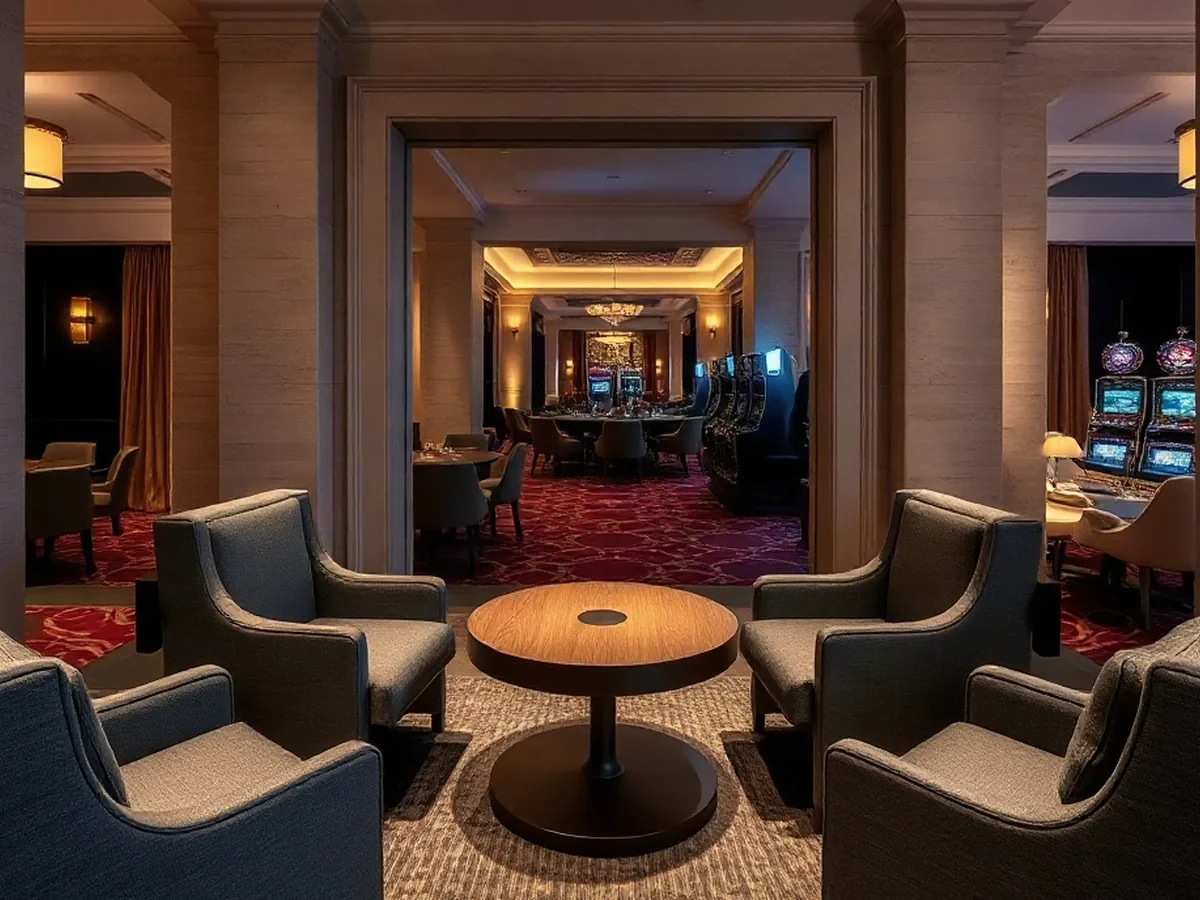 Deep upholstered chairs and a low oak table in a quiet lounge with warm shaded lamps and pale stone.